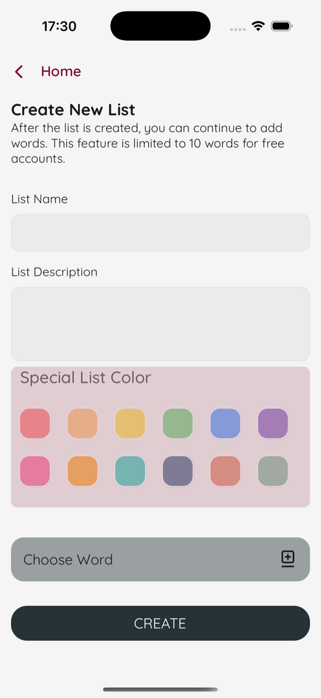 VocabHive create list screen