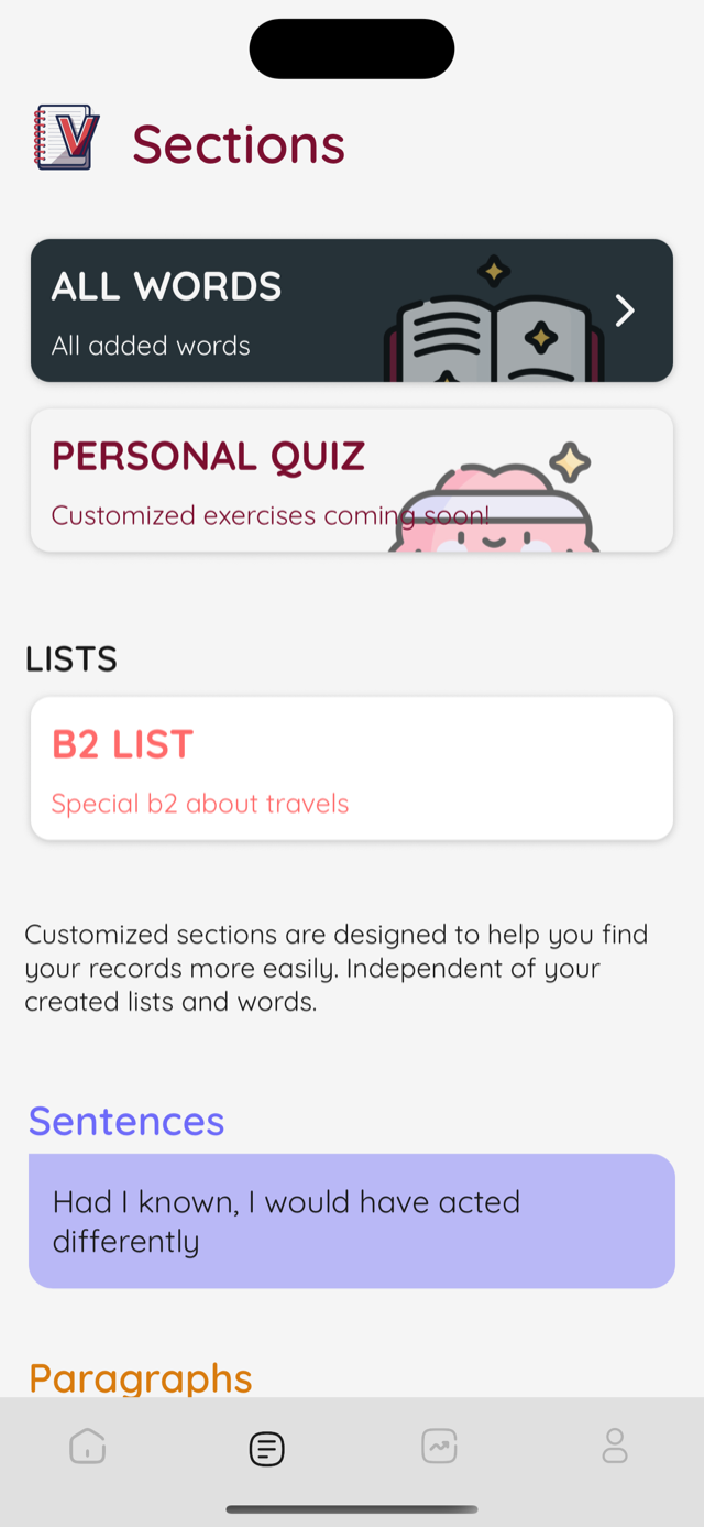 VocabHive sections screen